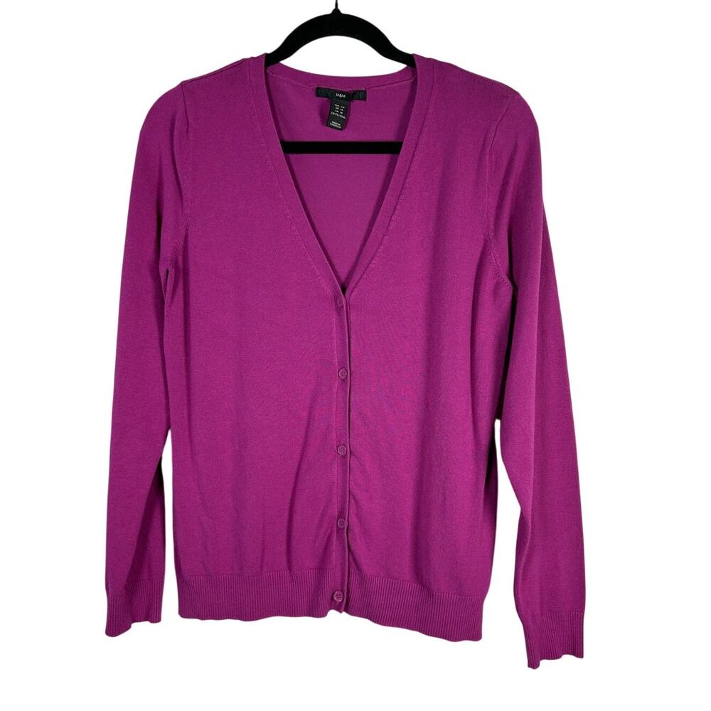 H&M Magenta Pink V Neck Button Front Knit Cardigan Sweater Magenta Size 14